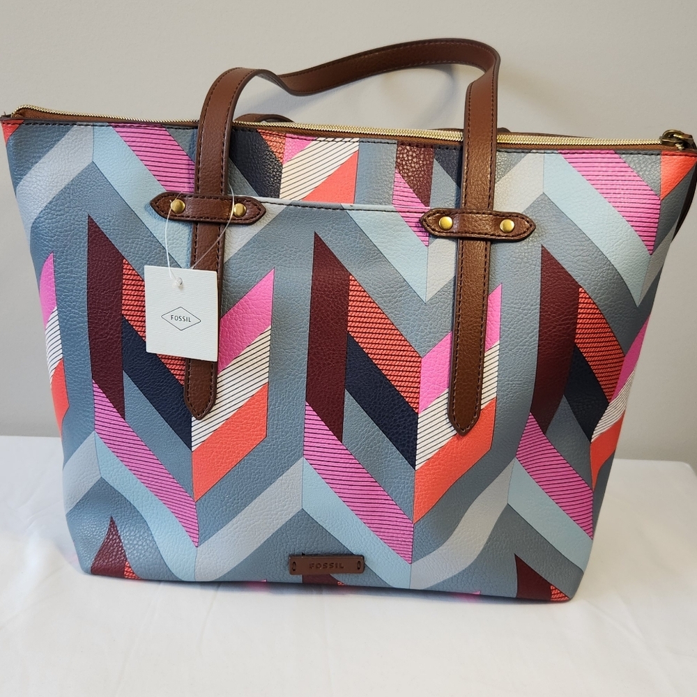 Fossil Felicity Chevron Tote Bag in Gray, Pink, and Brown NWT